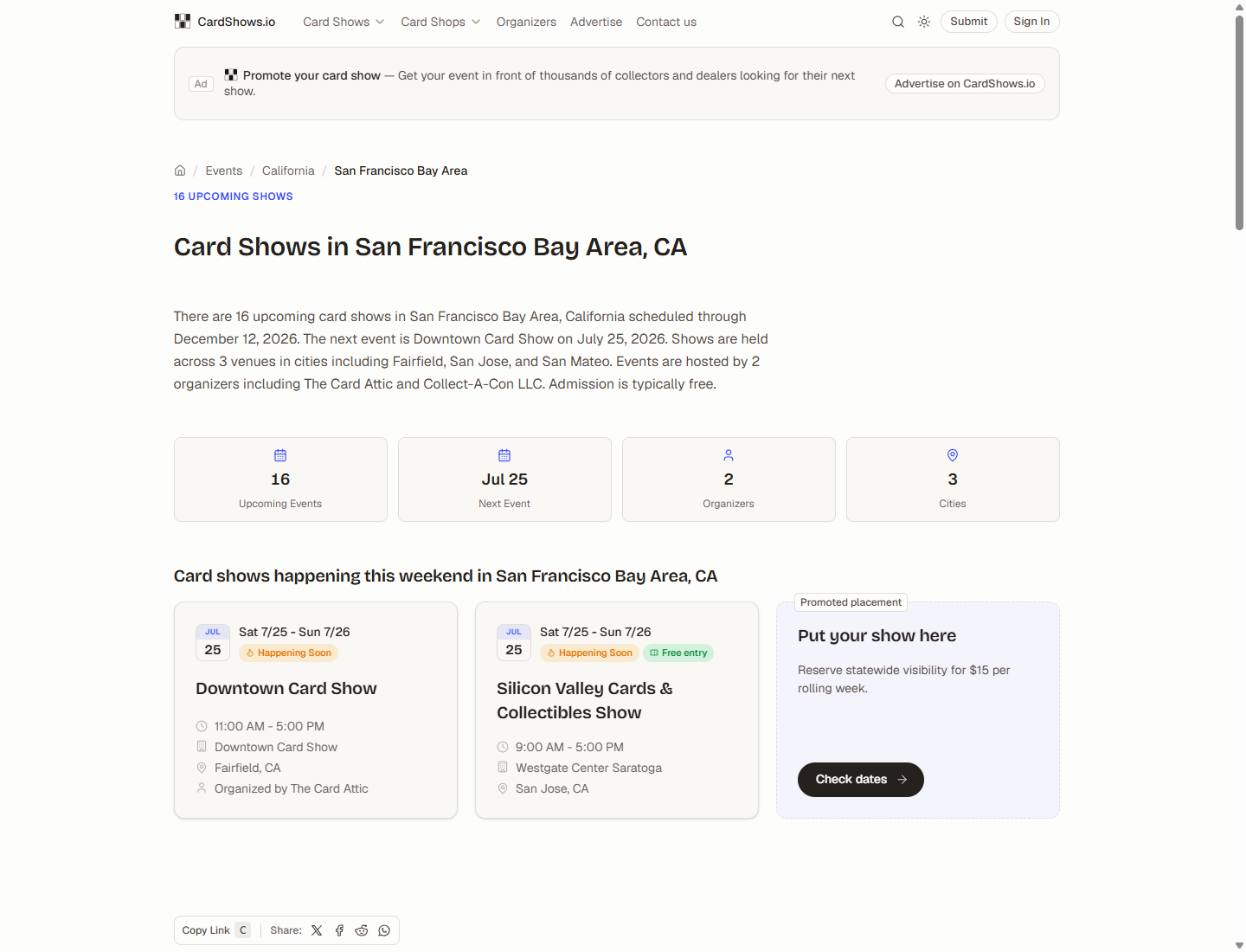 CardShows.io San Francisco Bay Area region page showing geographic content, summary metrics, and upcoming card shows