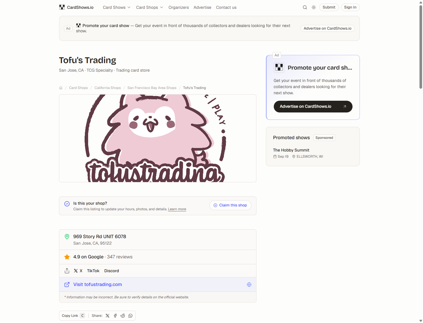 CardShows.io shop detail page showing a shop image, location, reviews, social profiles, website, and claim flow